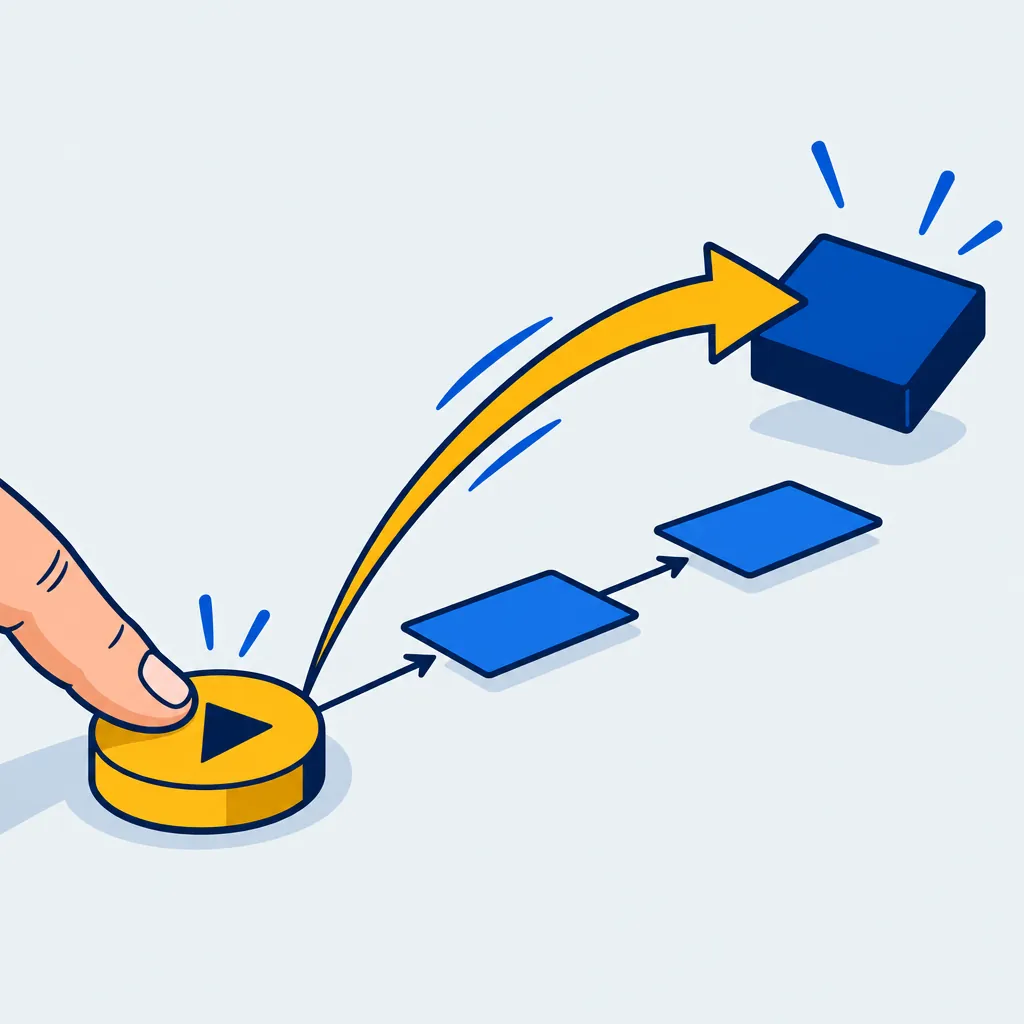 A finger presses a yellow Play button while an arrow lifts from a flowchart towards a raised blue block