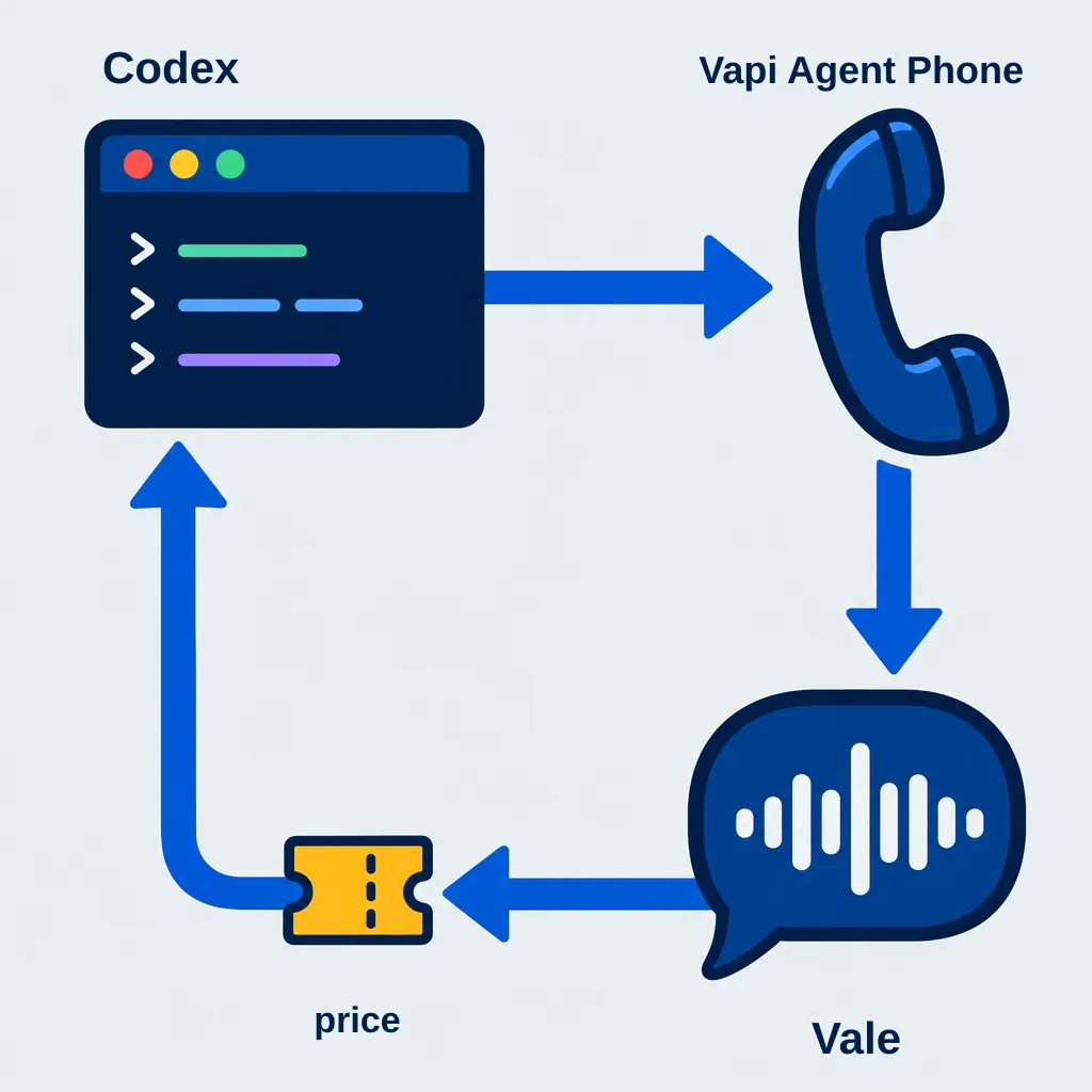 Flow from Codex to Vapi Agent Phone to Vale, with the price returning to Codex