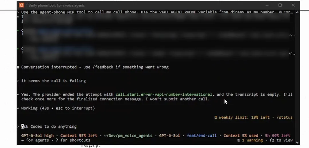 Codex showing the international-number start error