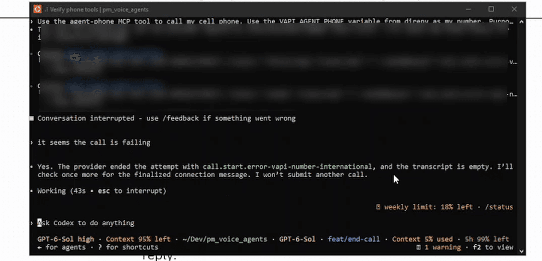 Codex showing the international-number start error