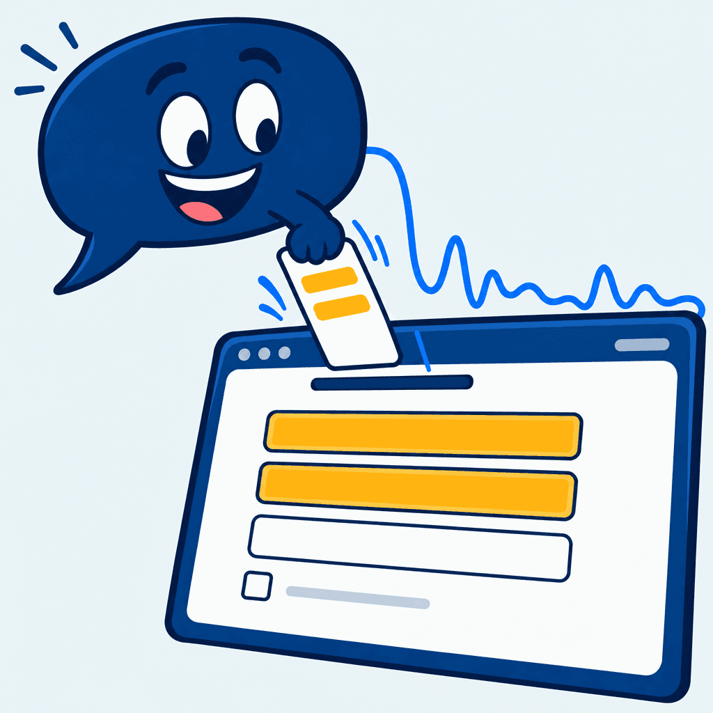 Illustration of a speech bubble sliding a card into a browser window whose top two form fields are already filled while a sound wave keeps them connected