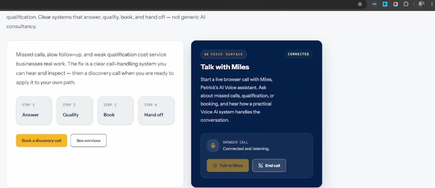 Miles browser call panel on the patrickmichael.co.za home page showing Connected and listening