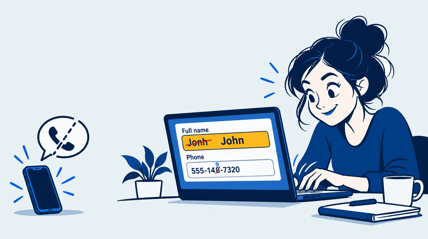 A caller correcting their name and phone number on a pre-filled contact form