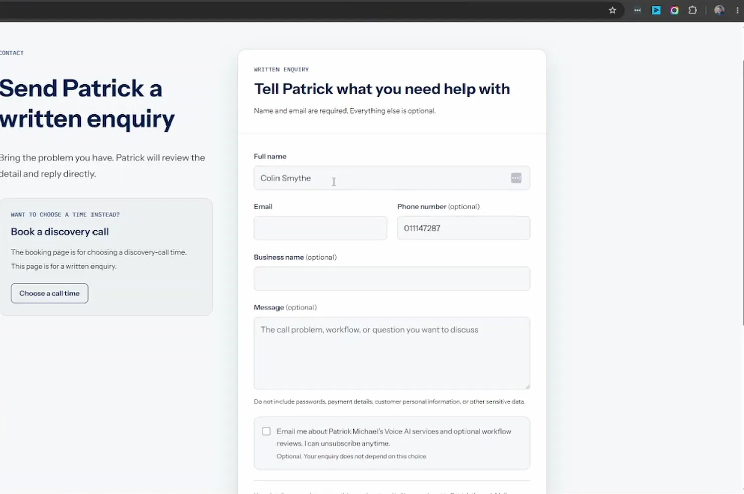 Pre-filled Contact form with Colin Smythe and 011147287, an empty email field, and the unticked optional marketing checkbox