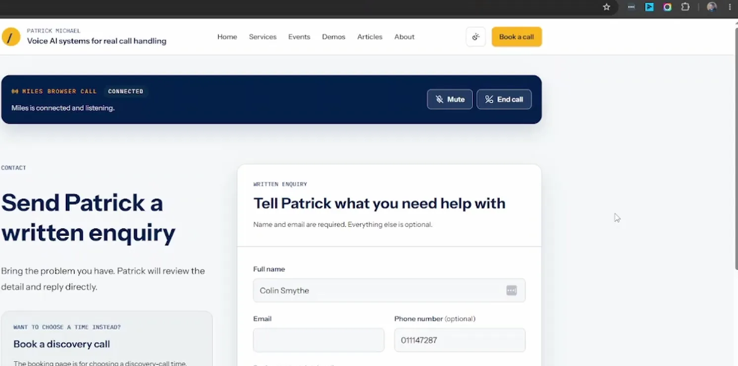 Contact page with the Miles browser call bar showing Connected and the form pre-filled with Colin Smythe and 011147287