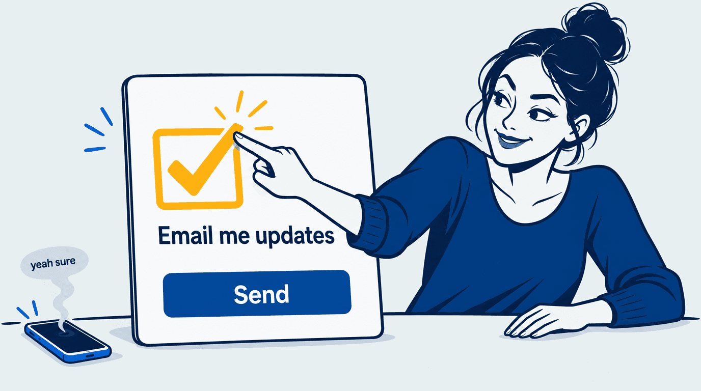 A caller choosing an optional email updates checkbox on a contact form