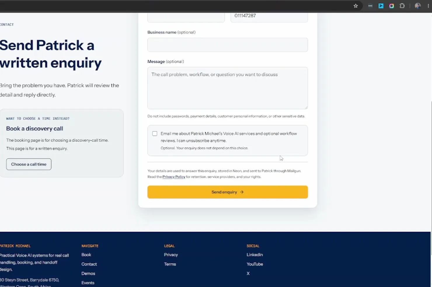 Contact form footer showing the optional marketing checkbox and the notice that details are stored in Neon and sent through Mailgun