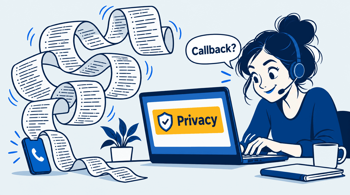 A voice receptionist beside a contact form while lengthy privacy text stays on the page
