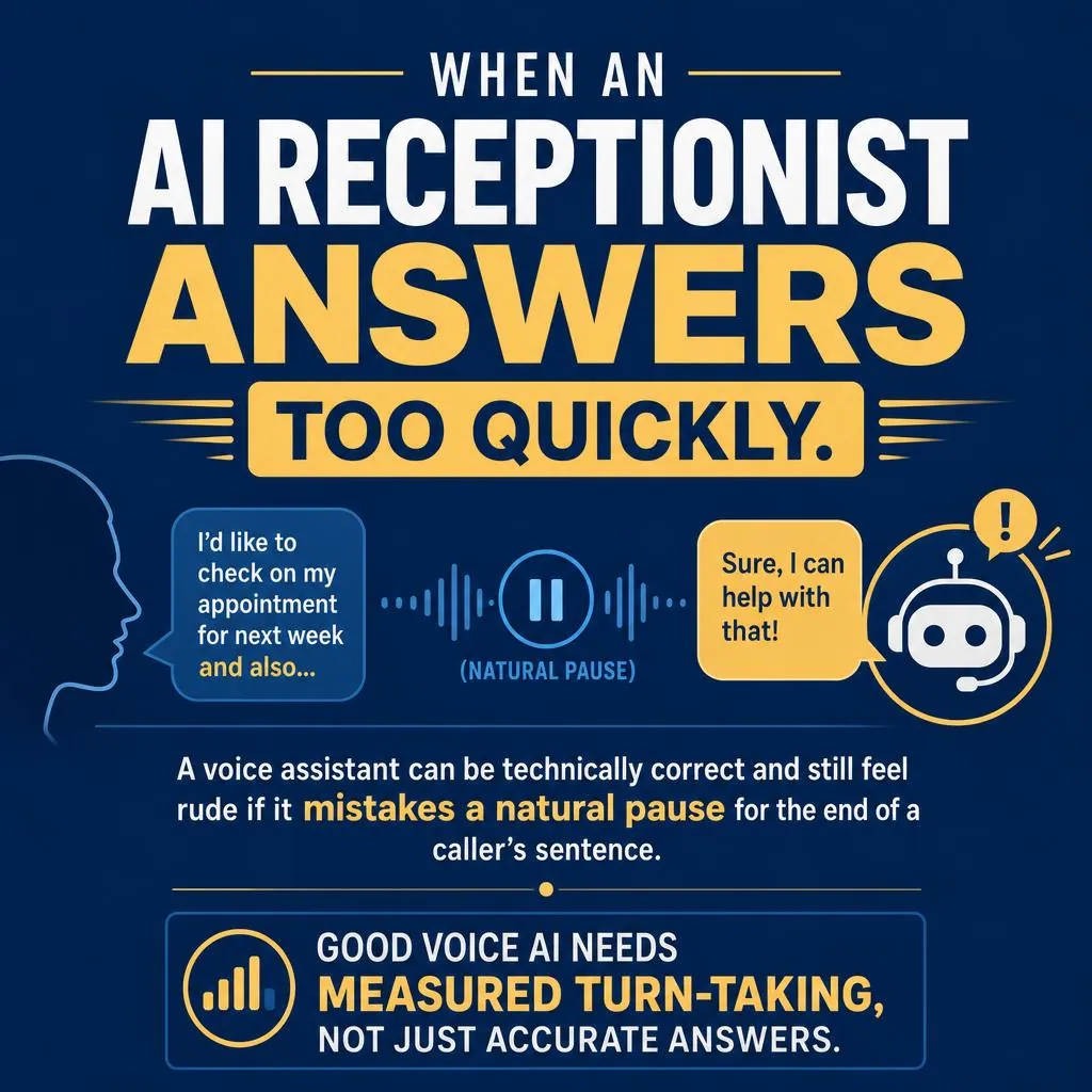 Illustration of an AI receptionist interrupting a caller during a natural pause