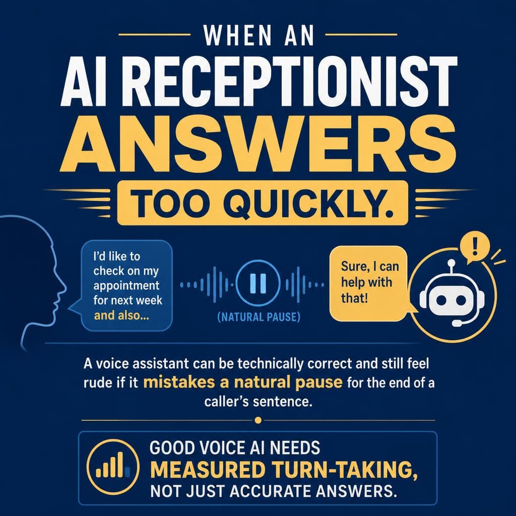 Illustration of an AI receptionist interrupting a caller during a natural pause