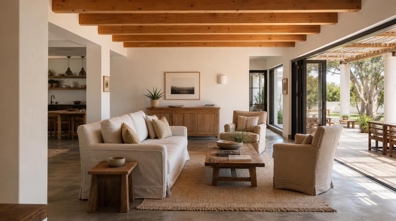 Main living area with exposed timber beams at 7 Karoo Lane