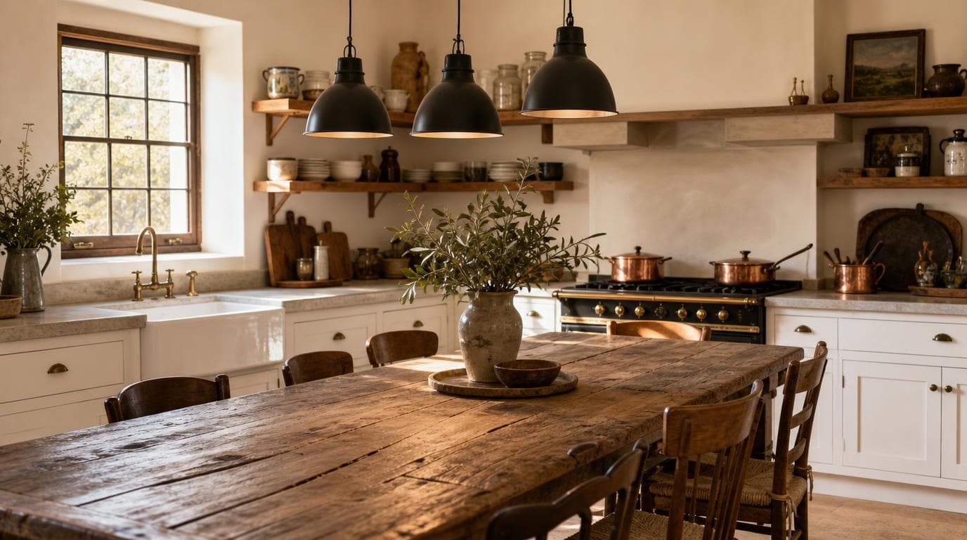 Kitchen with central table at 14 Vineyard Close