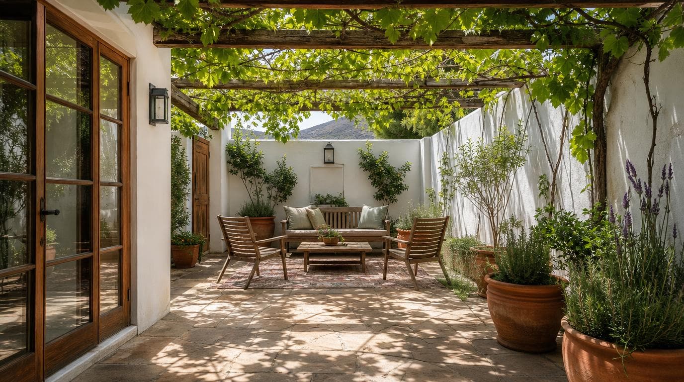 Courtyard garden with outdoor seating at 14 Vineyard Close