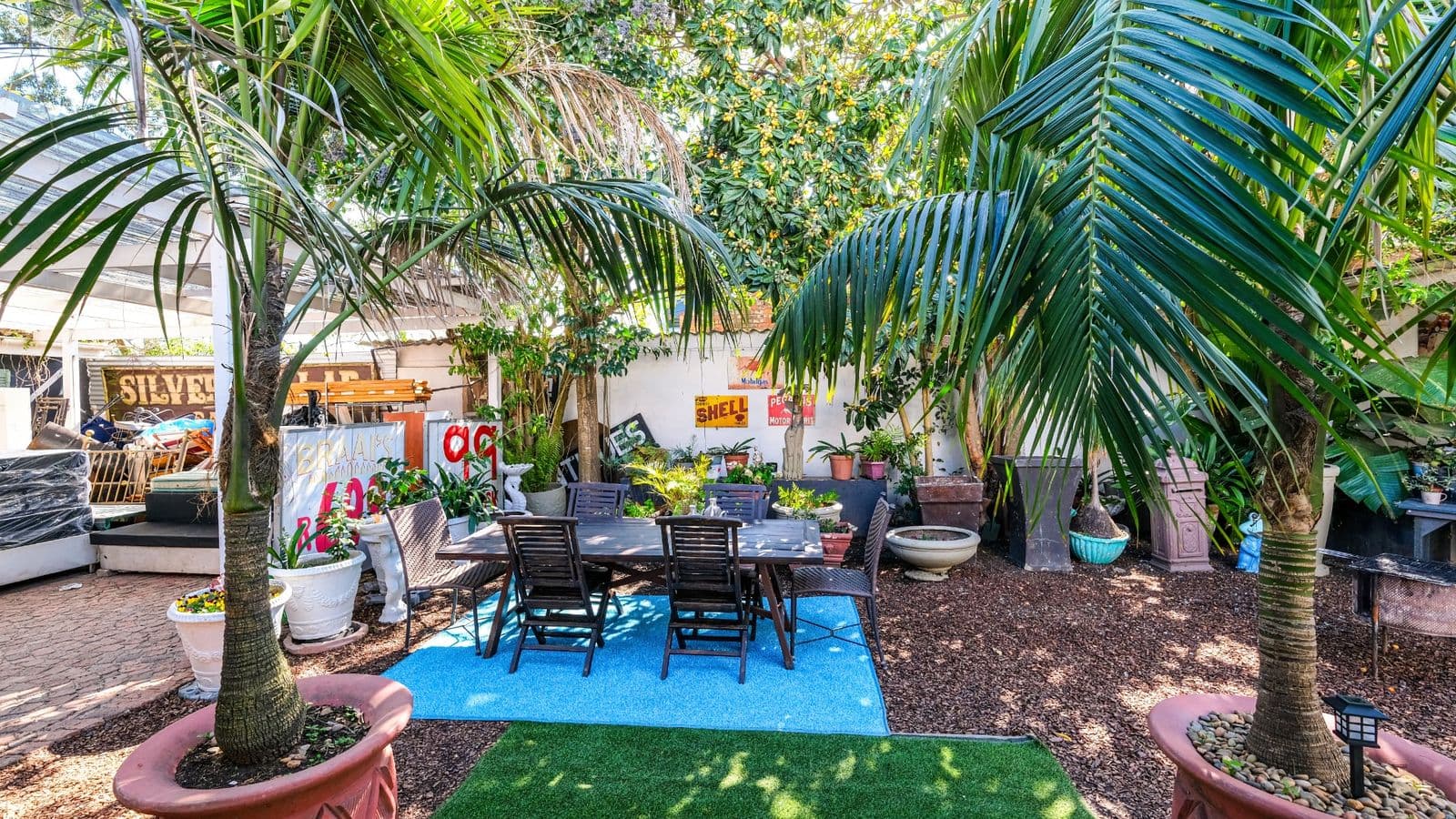 Courtyard garden with palm trees and outdoor seating