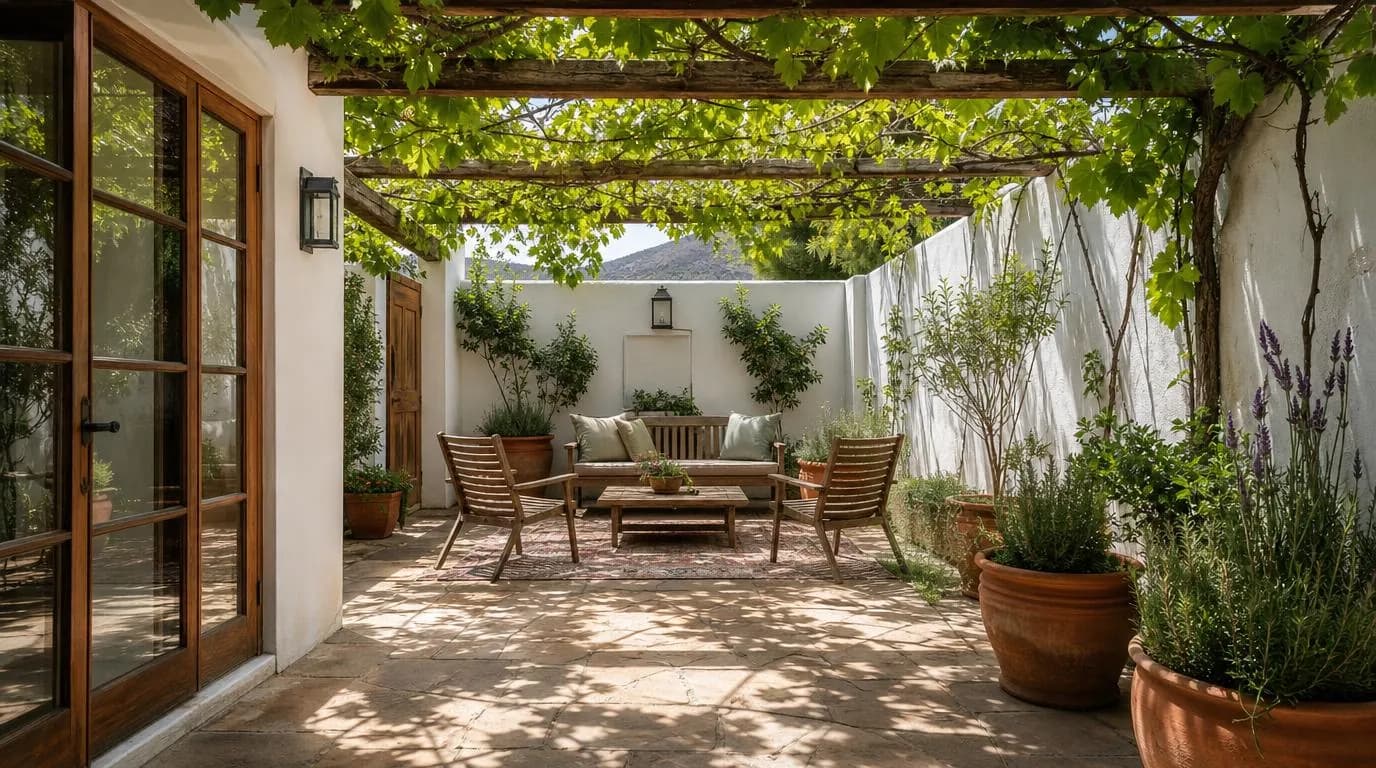 Courtyard garden with outdoor seating at 14 Vineyard Close