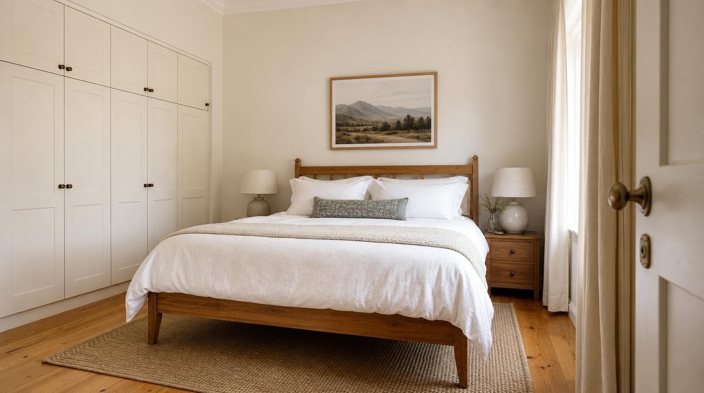 Bedroom with timber flooring at 14 Vineyard Close
