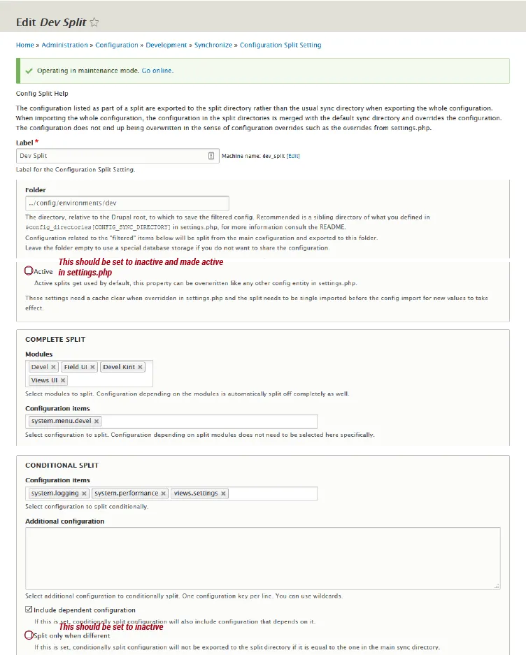 Setting up a configuration split