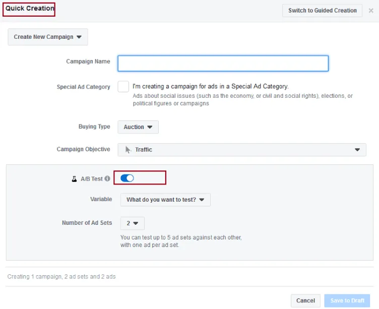 a/b test on create new campaign