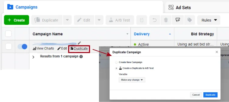 a/b testing when duplicating a campaign