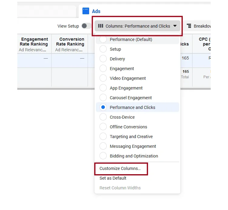 Custom columns in Facebook Ads Manager