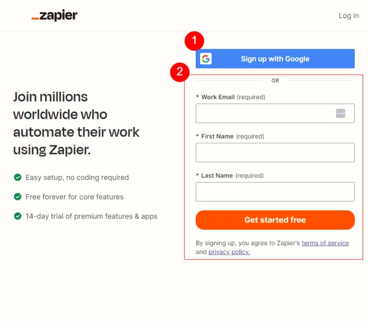 sign up to Zapier