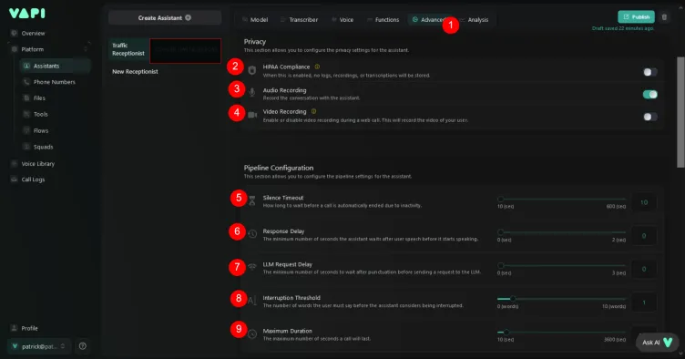 Vapi advanced settings