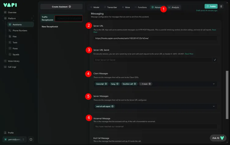 Vapi messaging settings under advanced