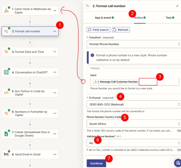 Setting the Action for the formatting of numbers