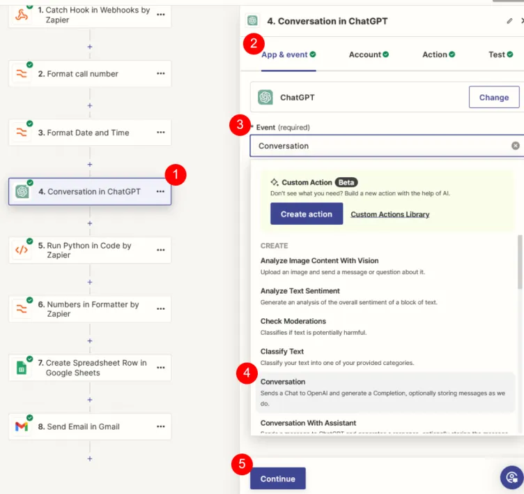 Configure the Event of the ChatGPT Conversation in Zapier
