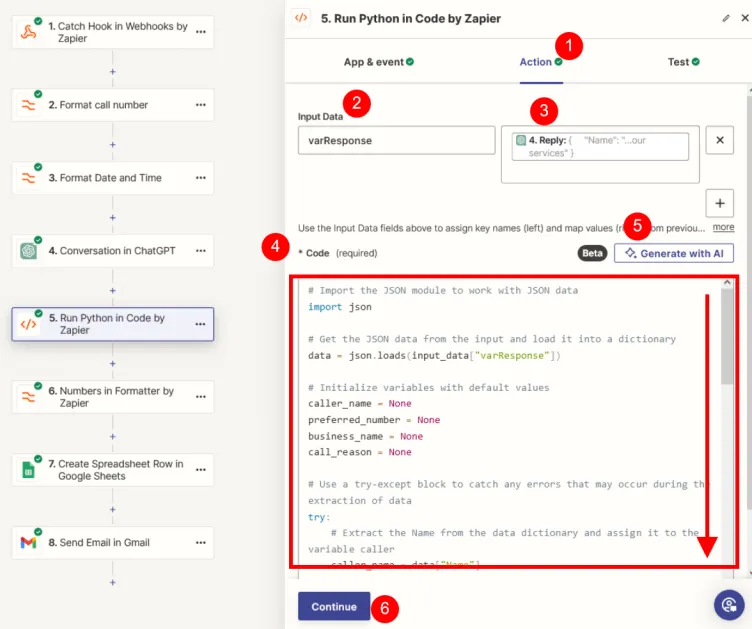 configure the Action in the Python event