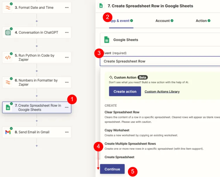 adding the Create Spreadsheet Row step