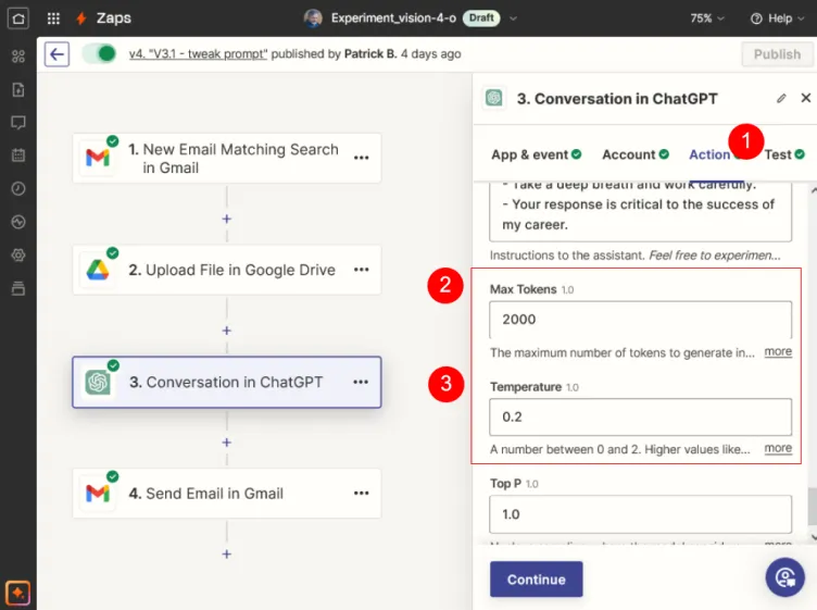 Adjusting tokens and temperature in Zapier image analysis automation