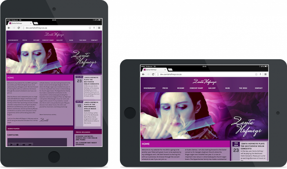 Portfolio | Zanta Hofmeyr | Celebrity Website | Tablet view